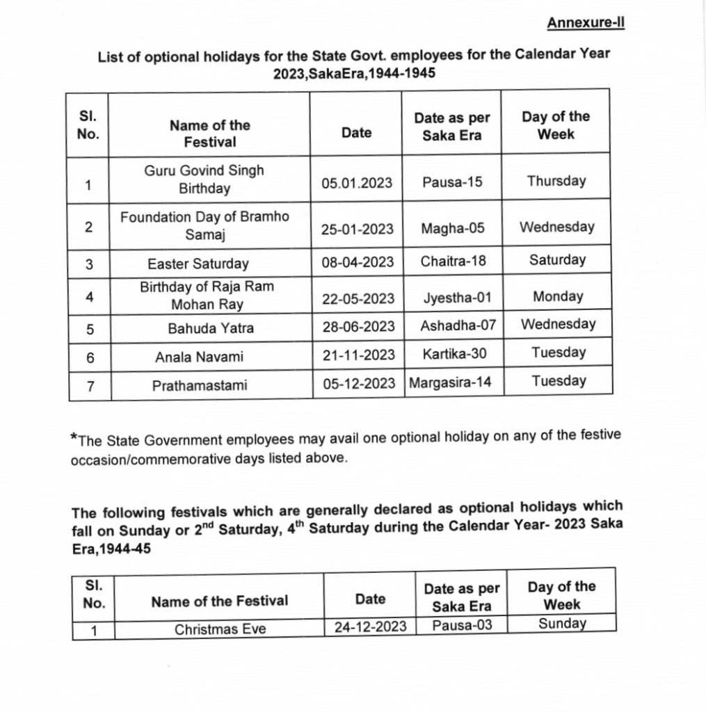 Odisha Govt Declares List Of Holidays For Year 2023 Pragativadi