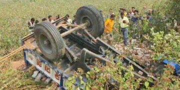 Bricks-Laden Tractor Overturns