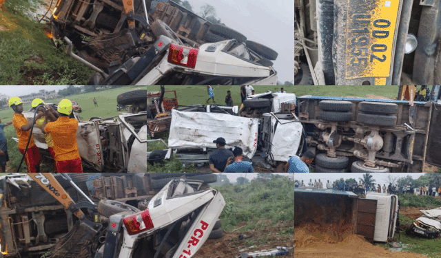 sand-laden truck crashes into PCR van