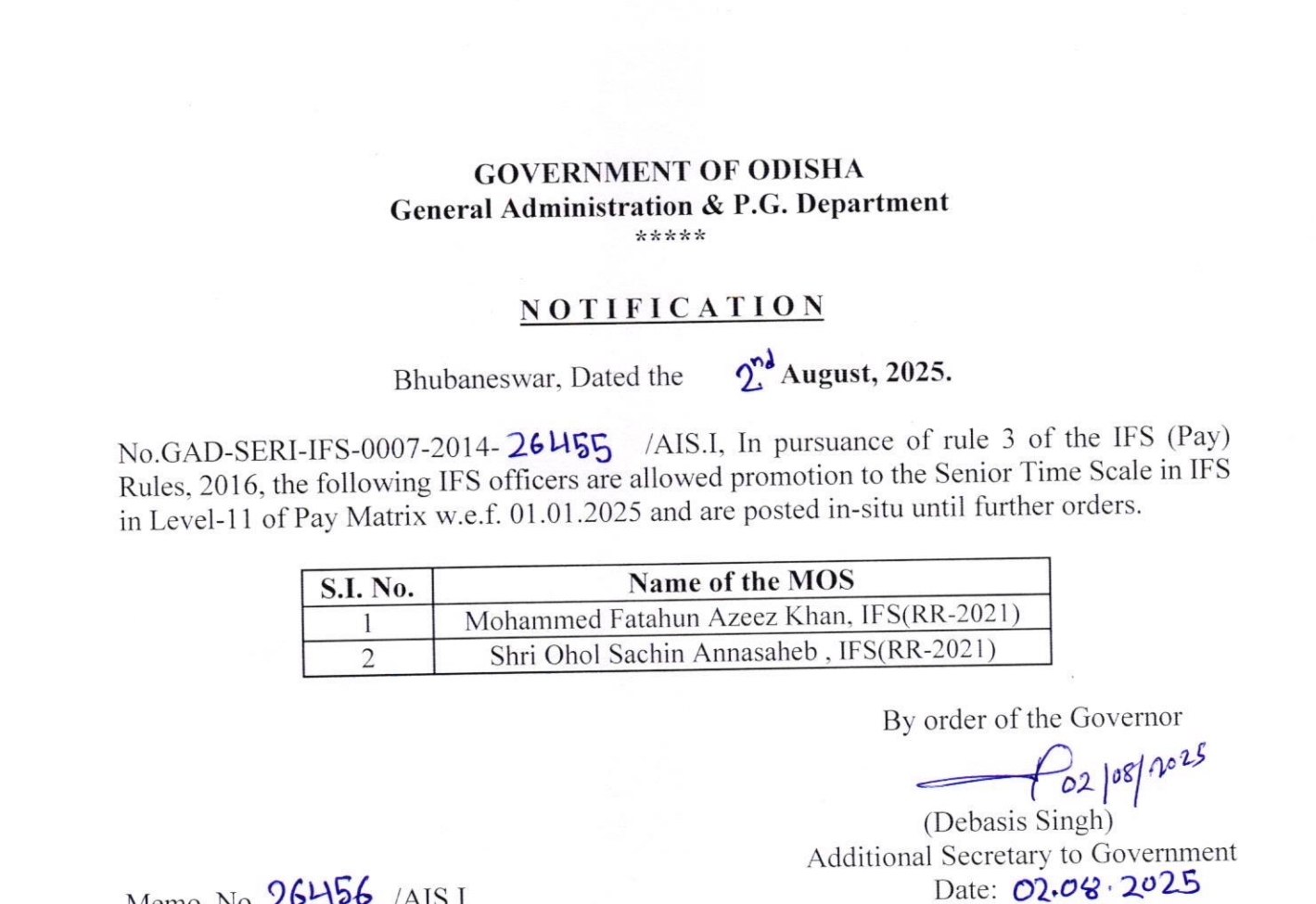 IFS Senior Time Scale Promotion Odisha 2025