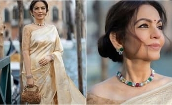 Nita Ambani Stuns in Handwoven Banarasi Saree and Rare Gemstone Jewellery at Venice Biennale Dinner